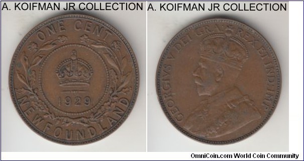KM-16, 1929 Newfoundland cent, Royal Mint; bronze, plain edge; George V, brown extra fine.