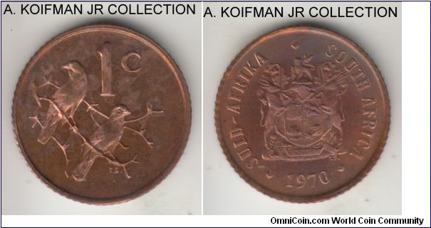 KM-82, 1970 South Africa (Republic) cent; proof, bronze, reeded edge; mintage 10,000, brown uncirculated in annual mint proof set of issue.