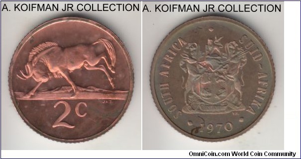 KM-83, 1970 South Africa (Republic) 2 cents; proof, bronze, reeded edge; mintage 10,000, red (reverse) brown (obverse) uncirculated in annual mint proof set of issue.