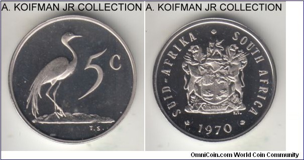 KM-84, 1970 South Africa (Republic) 5 cents; proof, nickel, plain edge; mintage 10,000, nice typical cameo appearance in annual mint proof set of issue.