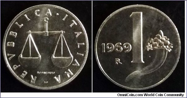 Italy 1 lira from 1969 BU coin set. Mintage: 310.000 pcs.