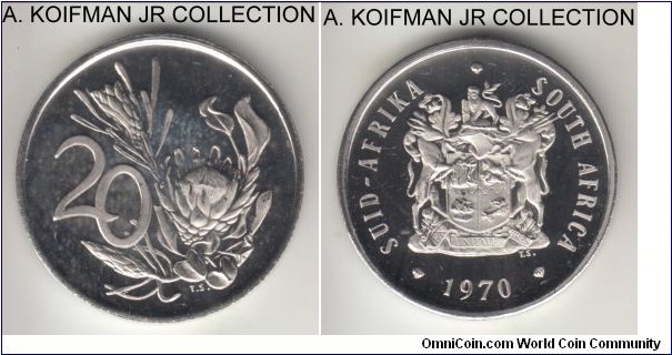 KM-86, 1970 South Africa (Republic) 20 cents; proof, nickel, plain edge; mintage 10,000, typical light cameo in annual mint proof sets of issue.