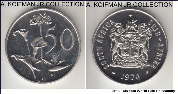 KM-87, 1970 South Africa (Republic) 50 cents; proof, nickel, plain edge; mintage 10,000, cameo obverse, toned reverse in annual mint proof set of issue.