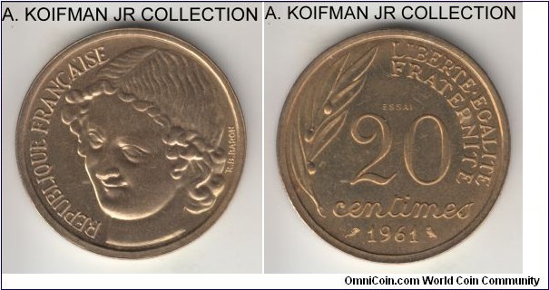 MAZ-2848, 1961 France 20 centimes; aluminum-bronze, plain edge; essai design by R.B. Baron, mintage 1,200, in original mint plastic holder paired with Cochet essai, brilliant proof like uncirculated.