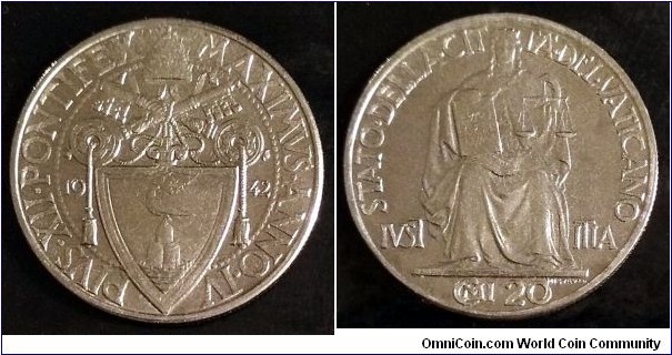Vatican 20 centesimi. 1942, Pontif. Pius XII. Stainless steel. Mintage: 125.000 pcs.