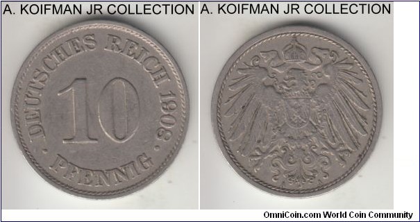 KM-12, 1908 Germany (Empire) 10 pfennig, Berlin mint (A mint mark); copper-nickel, plain edge; Wilhelm II, most common of the mints, good very fine to extra fine.