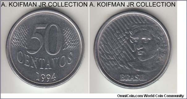 KM-635, 1994 Brazil 50 centavos; stainless steel, plain edge; 2-year type, average uncirculated or almost.