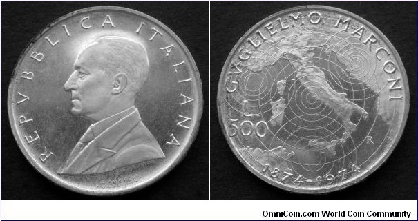 Italy 500 lire.
1974, 100th Anniversary of the birth of Guglielmo Marconi. Ag 835. Weight: 11g.

