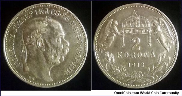 Austro-Hungarian Monarchy 2 korona. 1912, Franz Joseph I. KB - Kremnica. Ag 835. Weight: 10g. Second piece in my collection.