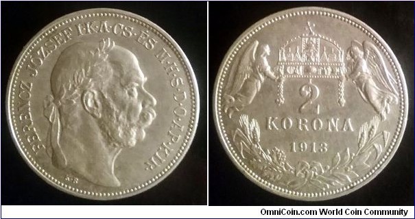 Austro-Hungarian Monarchy 2 korona. 1913, Franz Joseph I. KB - Kremnica. Ag 835. Weight: 10g.