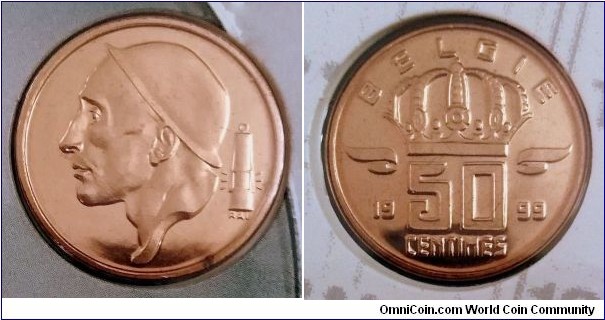 Belgium 50 centimes from 1999 mint set. Dutch text. Mintage: 60.000 pcs.