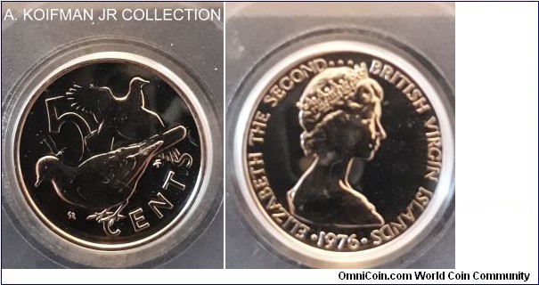 KM-2, 1976 British Virgin Islands 5 cents, Franklin mint (FM mint mark in monogram); copper-nickel, plain edge; Elizabeth II, zenaida doves, brillaint uncirculated finish, mintage 996 in sets, PCGS graded PL66.