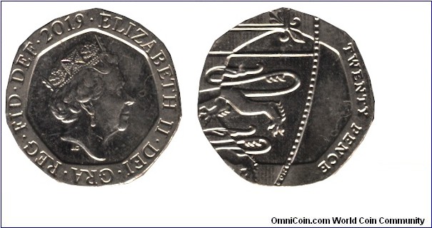United Kingdom, 20 pence, 2019, Cu-Ni, 21.4mm, 3.2g, unusual shape, heptagonal, Queen Elizabeth II.