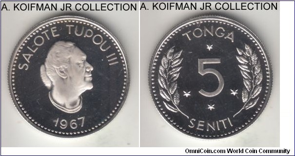KM-6, 1967 Tonga 5 seniti, London mint; proof, copper-nickel, plain edge; Salote Tupou III, mintage 5,000 in proof, nice deep contrast cameo specimen.