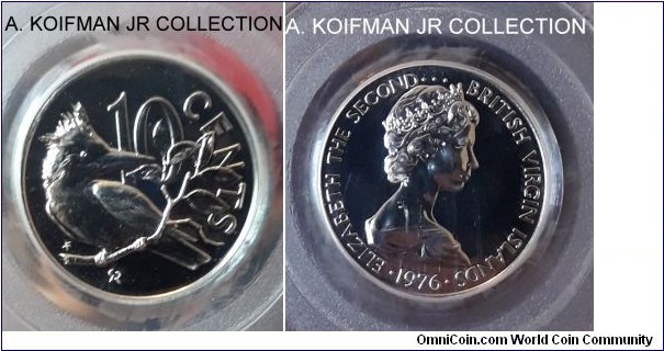 KM-3, 1976 British Virgin Islands 10 cents, Franklin mint (FM mint mark in monogram); copper-nickel, reeded edge; Elizabeth II, kingfisher, brilliant uncirculated finish, mintage 996 in sets, PCGS graded PL68.