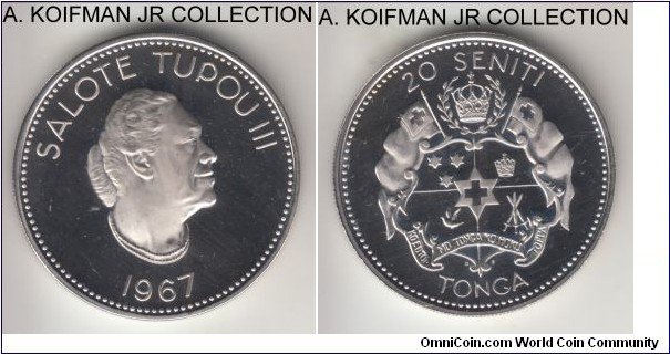 KM-8, 1967 Tonga 20 seniti, London mint; proof, copper-nickel, plain edge; Salote Tupou III, mintage 5,000 in proof, light cameo specimen.