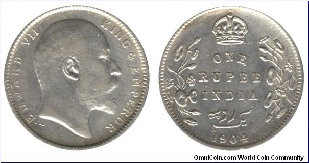 British India, 1 rupee, 1904, Ag, 11.66g, Edward VII King & Emperor.