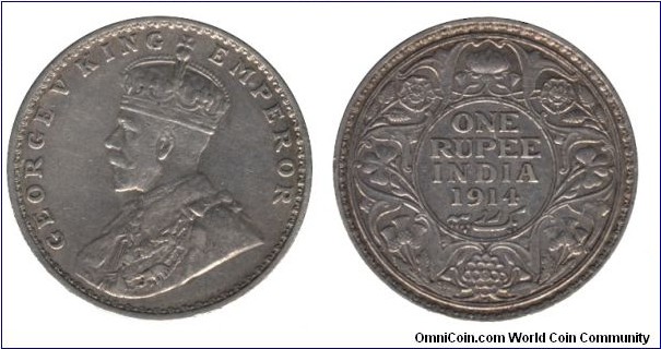 British India, 1 rupee, 1914, Ag, 11.66g, George V King Emperor.
