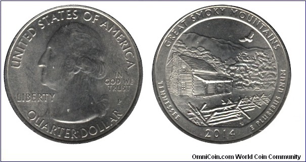United States, 1/4 dollar, 2014, Cu-Ni, 24.26mm, 5.67g, MM: P, G. Washington, Great Smoky Mountains, Tennessee.