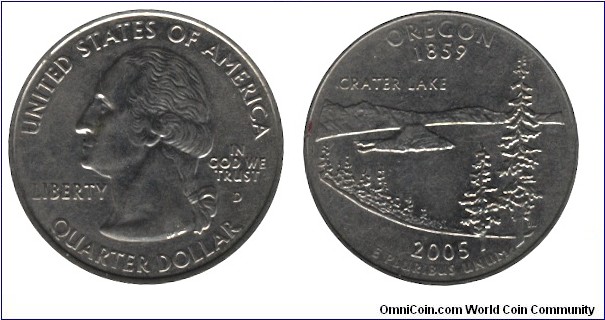 United States, 1/4 dollar, 2005, Cu-Ni, 24.26mm, 5.67g, MM: D, G. Washington, Oregon - 1859, Crater Lake.