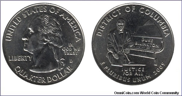 USA, 1/4 dollar, 2009, Cu-Ni, 24.26mm, 5.67g, MM: D, G. Washington, District of Columbia, Duke Ellington.