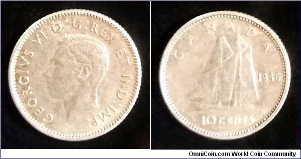 Canada 10 cents.
1946, Ag 800.