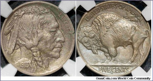 NGC UNC DETAILS -cleaned 1913-S/S TYPE 2 BUFFALO NICKEL 3rd lowest mintage of series: 1,209,000 minted.