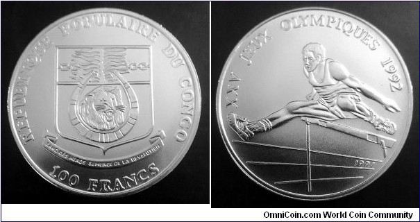 Congo 100 francs.
1991, Summer Olympic Games 1992. Nickel plated steel. Mintage: 5.000 pcs.