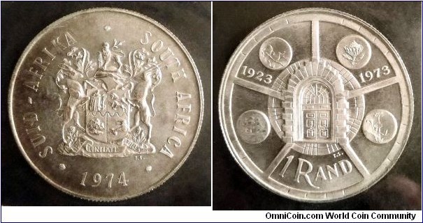 South Africa 1 rand.
1974, 50th Anniversary of Pretoria Mint. Ag 800. Mintage: 20.000 pcs.