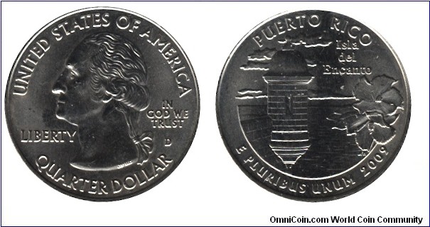 USA, 1/4 dollar, 2009, Cu-Ni, 24.26mm, 5.67g, MM: D, G. Washington, Puerto Rico, Isla del Encanto.
