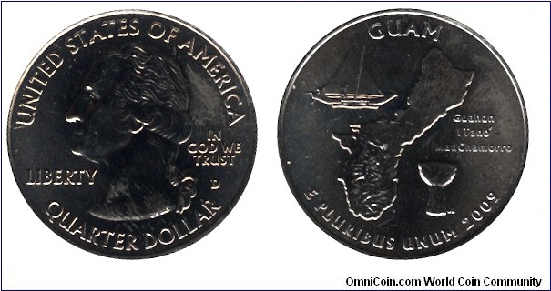 USA, 1/4 dollar, 2009, Cu-Ni, 24.26mm, 5.67g, MM: D, G. Washington, Guam, Guahan I Tanó ManChamorro.