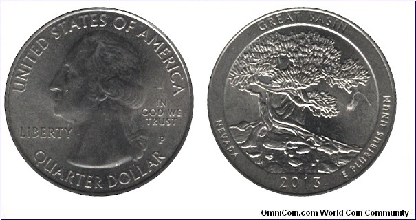 USA, 1/4 dollar, 2013, Cu-Ni, 24.26mm, 5.67g, MM: P, G. Washington, Great Basin National Park, Nevada.