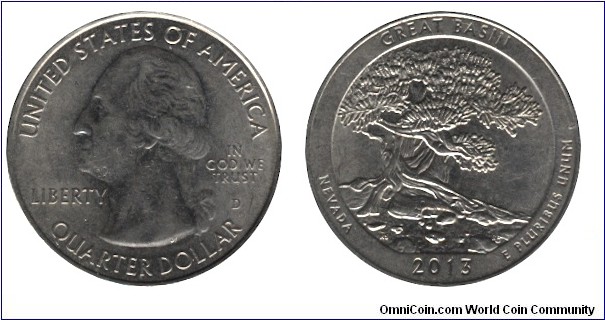 USA, 1/4 dollar, 2013, Cu-Ni, 24.26mm, 5.67g, MM: D, G. Washington, Great Basin National Park, Nevada.