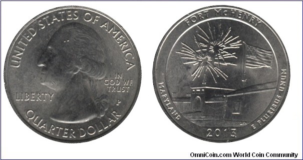 USA, 1/4 dollar, 2013, Cu-Ni, 24.26mm, 5.67g, MM: P, G. Washington, Fort McHenry, Maryland.