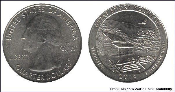 USA, 1/4 dollar, 2014, Cu-Ni, 24.26mm, 5.67g, MM: D, G. Washington, Great Smoky Mountains, Tennessee.