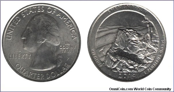 USA, 1/4 dollar, 2014, Cu-Ni, 24.26mm, 5.67g, MM: P, G. Washington, Shenandoah National Park, Virginia.