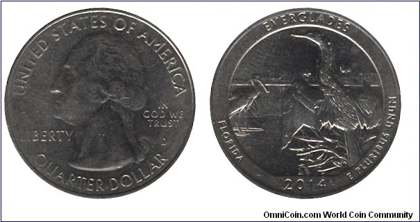 USA, 1/4 dollar, 2014, Cu-Ni, 24.26mm, 5.67g, MM: D, G. Washington, Everglades National Park, Florida.