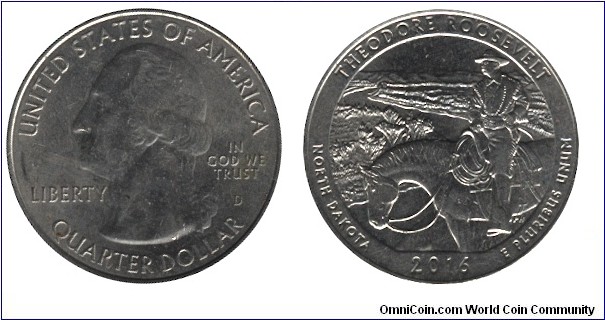 USA, 1/4 dollar, 2016, Cu-Ni, 24.26mm, 5.67g, MM: D, G. Washington, Theodore Roosevelt National Park, North Dakota.