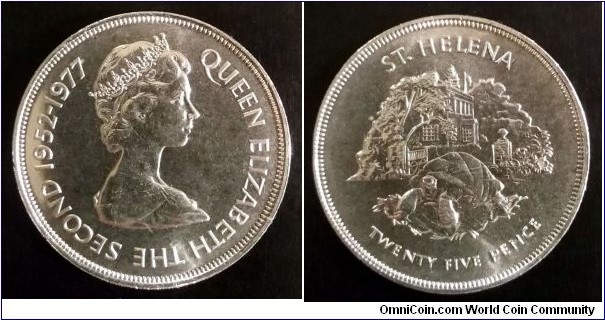 Saint Helena 25 pence.
1977, 25th Anniversary of the Accession of Queen Elizabeth II.
