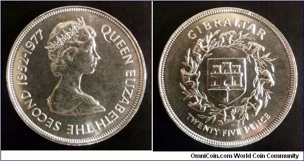 Gibraltar 25 pence.
1977, 25th Anniversary of the Accession of Queen Elizabeth II.

