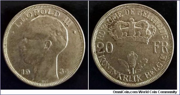 Belgium 20 francs.
1934, Leopold III.
Ag 680. Weight; 11g.
Diameter; 28,15mm. Mintage: 1.250.000 pcs.