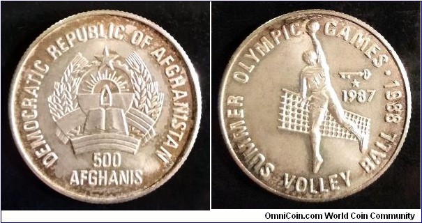 Afghanistan 500 afghanis. 1987, Summer Olympic Games - Seoul, Volleyball. Ag 999. Weight; 12g. Diameter; 30mm. Mintage: 10.000 pcs.