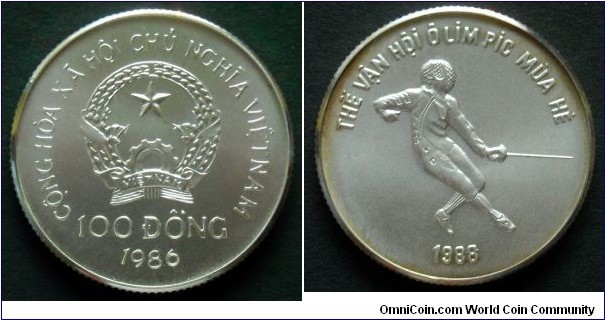 Vietnam 100 dong.
1986, Summer Olympics Seoul 1988, Fencer. Ag 999. Weight; 12g. Diameter; 30mm. Mintage: 5.000 pcs.