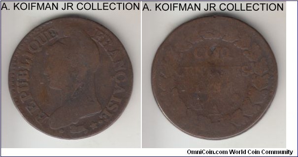 KM-640.1, LAN 5 (1796) France 5 centimes, Paris mint (A mint mark); bronze, chevron milled edge; First Republic coinage, well circulated.