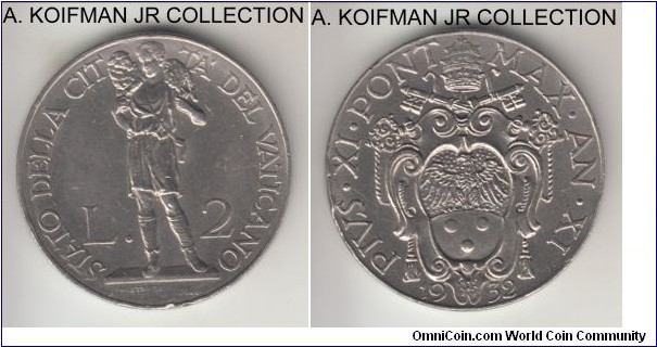 KM-6, 1932 Vatican 2 lire; nickel, plain edge; XI year of Pius XI, mintage 50,000, extra fine, few edge bumps and nicks.