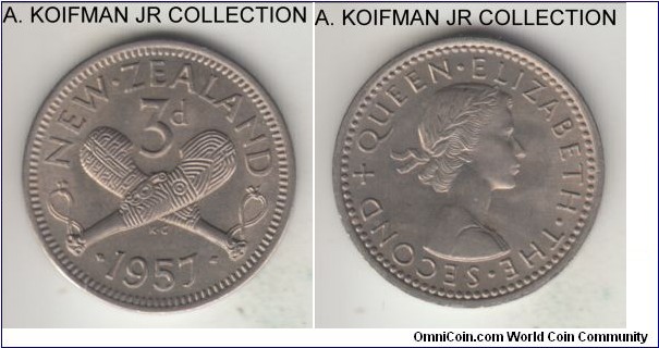 KM-25.2, 1957 New Zealand 3 pence; copper-nickel, plain edge; Elizabeth II, choice uncirculated.