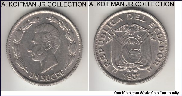 KM-78.1, 1937 Ecuador sucre, Higuenin Freres (Switzerland) mint (HF mint mark); nickel, reeded edge; 2-year type, almost uncirculated.