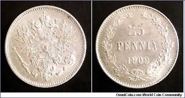 Finland (Grand Duchy) 25 pennia. 1909 L, Ag 750.