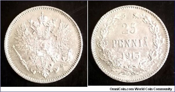 Finland (Grand Duchy) 25 pennia. 1913 S, Ag 750.
