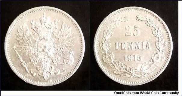 Finland (Grand Duchy) 25 pennia. 1915 S, Ag 750.